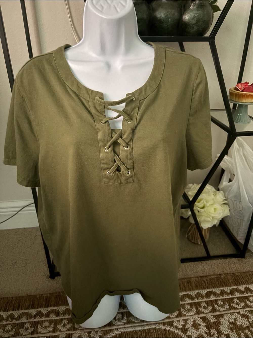 Cathy DAniels womens lace front short sleeve knit top green size lg